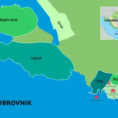 Mapa Chorwacji z zaznaczonym Dubrownikiem. Pokazuje dzielnice: Babin Kuk, Lapad, Gruz, Pile, Ploče i Stari Grad.