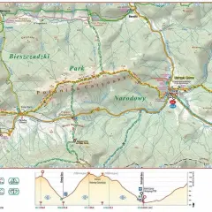 Mapa szlaku **Główny Szlak Beskidzki** przez Połoninę Caryńską i Park Narodowy. Widok na teren górski z zaznaczonymi szlakami i wysokościami.