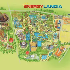 Mapa Energylandii pokazuje liczne atrakcje, w tym Smoczy Gród, Zadra, Mayan, Hyperion i strefę Aqualantis.