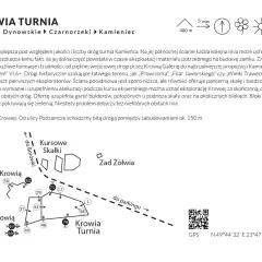 Mapa turystyczna z zaznaczonymi trasami wspinaczkowymi na skale Krowia Turnia w Beskidzie Niskim.