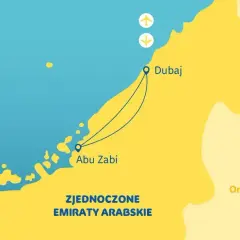 Mapa Zjednoczonych Emiratów Arabskich pokazuje, gdzie jest Dubaj i Abu Zabi. Dwa samoloty symbolizują podróż.