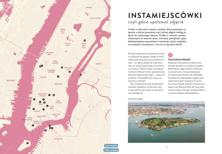 Mapa Nowego Jorku z zaznaczonymi atrakcjami, w tym Governors Island, idealne miejsce na wymarzone instazdjęcie.