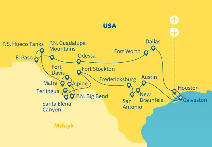 Mapa Teksasu z zaznaczonymi miastami i atrakcjami, w tym stolicą Teksasu, Austin.
