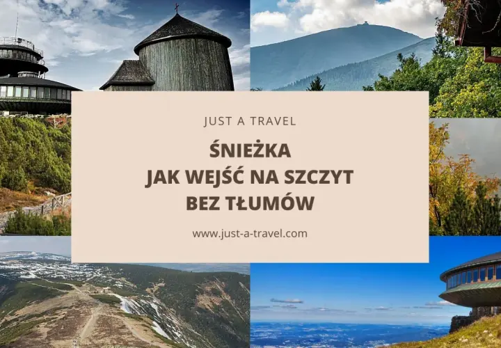 Widok na Śnieżkę, najwyższy szczyt Sudetów, z charakterystycznymi budynkami i krajobrazami górskimi.