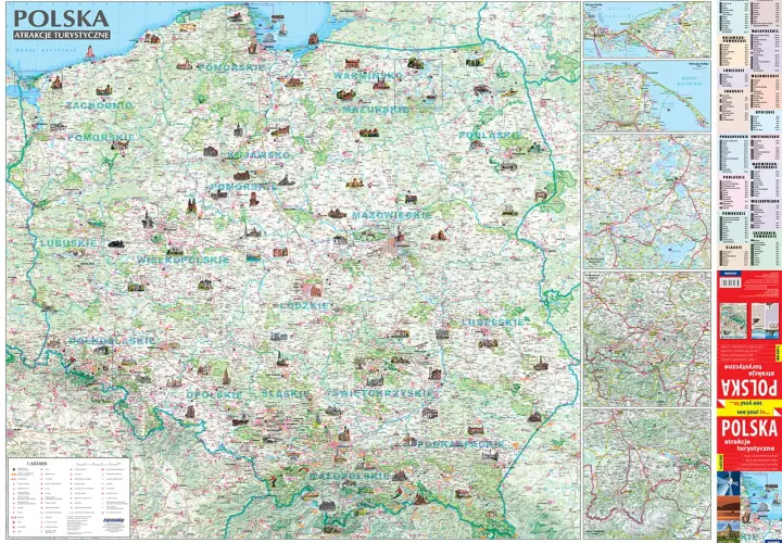 Mapa Polski z zaznaczonymi atrakcjami turystycznymi, w tym zamkami, pałacami i innymi zabytkami. Widać regiony takie jak Pomorskie, Mazowieckie, Małopolskie.