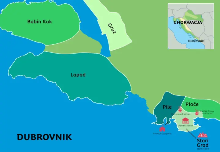 Mapa Chorwacji z zaznaczonym Dubrownikiem. Pokazuje dzielnice: Babin Kuk, Lapad, Gruz, Pile, Ploče i Stari Grad.