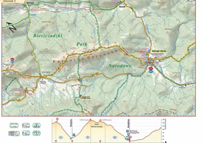 Mapa szlaku **Główny Szlak Beskidzki** przez Połoninę Caryńską i Park Narodowy. Widok na teren górski z zaznaczonymi szlakami i wysokościami.