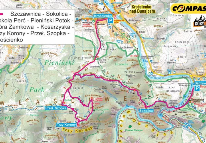 Mapa Pienin z zaznaczoną trasą Szczawnica-Sokolica-Trzy Korony, najłagodniejsza trasa na trzy korony.