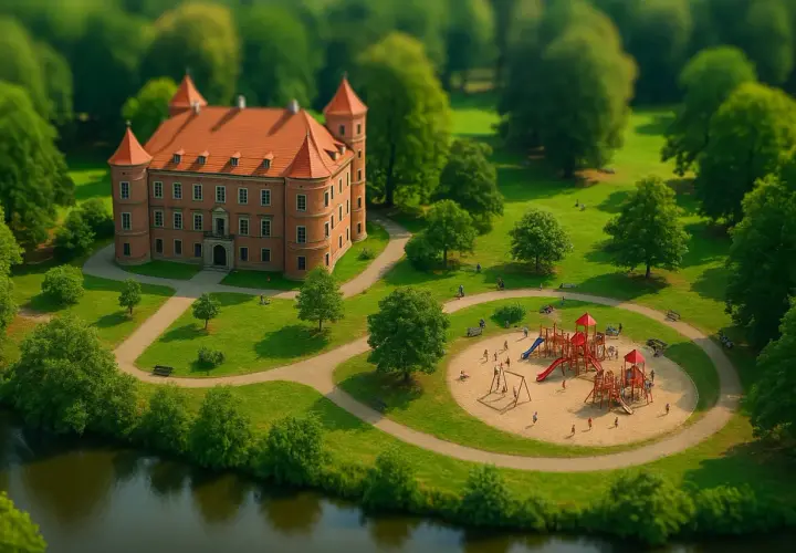 Leśnica we Wrocławiu: ceglany pałac otoczony zielenią, z placem zabaw i jeziorem.