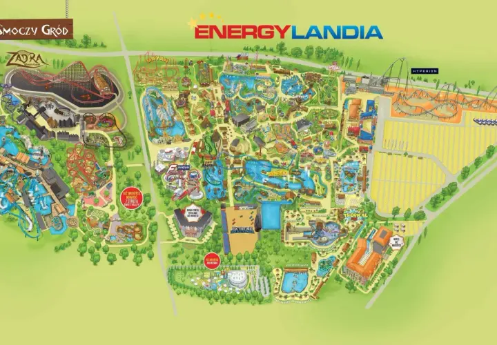 Mapa Energylandii pokazuje liczne atrakcje, w tym Smoczy Gród, Zadra, Mayan, Hyperion i strefę Aqualantis.