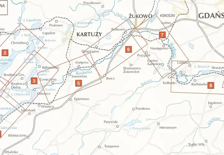Mapa okolic **Skorzewo** z zaznaczonymi jeziorami, rzekami i miejscowościami. Widoczne są numery obszarów: 1, 2, 3, 4, 5, 6, 7, 8, 9.