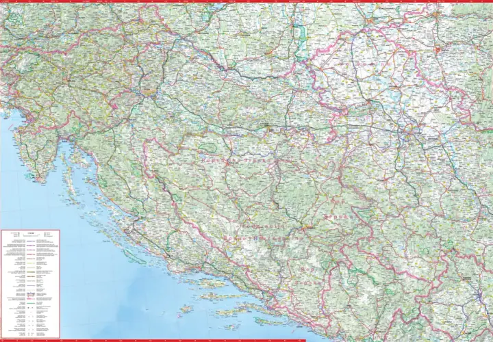 Mapa drogowa Chorwacji z zaznaczonym wybrzeżem Adriatyku, wyspami i miastami. Pokazuje, gdzie leży Chorwacja, jej granice i ukształtowanie terenu.