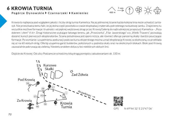 Mapa turystyczna z zaznaczonymi trasami wspinaczkowymi na skale Krowia Turnia w Beskidzie Niskim.