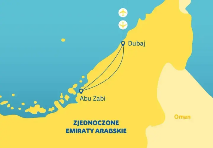 Mapa Zjednoczonych Emiratów Arabskich pokazuje, gdzie jest Dubaj i Abu Zabi. Dwa samoloty symbolizują podróż.
