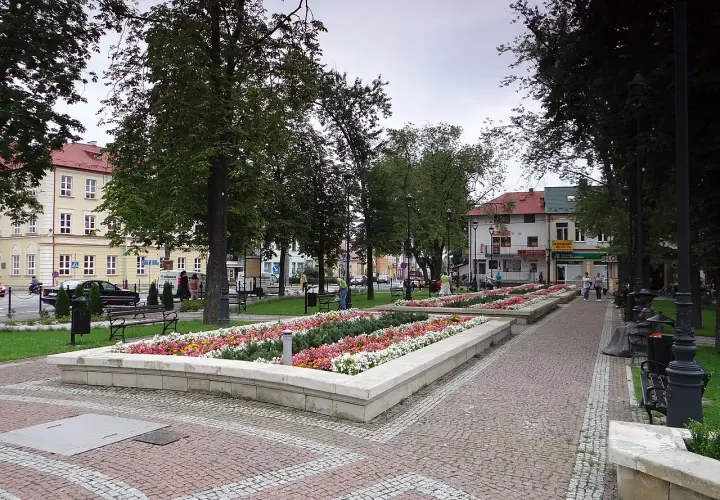 Urokliwe miasto w kotlinie sandomierskiej nad Sanem, z kwitnącymi rabatami kwiatów i brukowanym deptakiem.