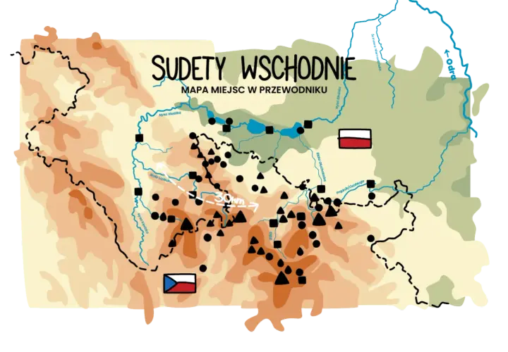 Mapa Sudetów Wschodnich z zaznaczonymi rzekami, miastami i szlakami. Gdzie są Sudety? Na mapie widać granice Polski i Czech.