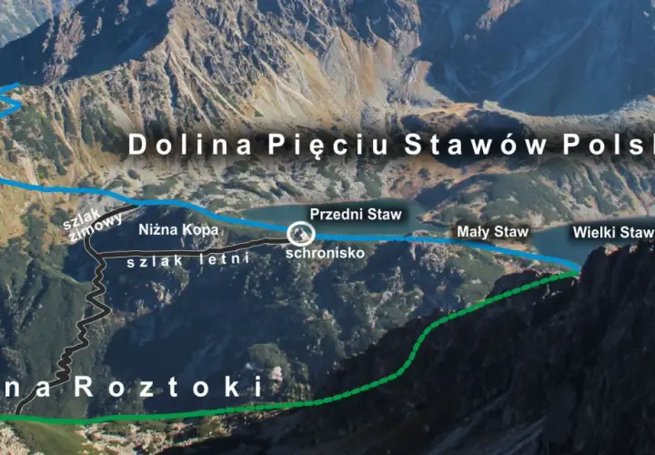 Widok na Dolinę Pięciu Stawów Polskich i Dolinę Roztoki. Szlaki zimowy i letni prowadzą do schroniska.