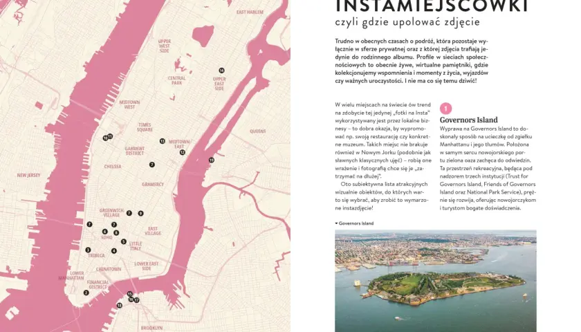 Mapa Nowego Jorku z zaznaczonymi atrakcjami, w tym Governors Island, idealne miejsce na wymarzone instazdjęcie.