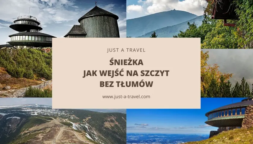 Widok na Śnieżkę, najwyższy szczyt Sudetów, z charakterystycznymi budynkami i krajobrazami górskimi.