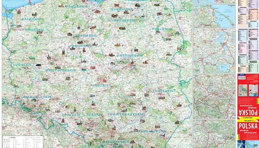 Mapa Polski z zaznaczonymi atrakcjami turystycznymi, w tym zamkami, pałacami i innymi zabytkami. Widać regiony takie jak Pomorskie, Mazowieckie, Małopolskie.