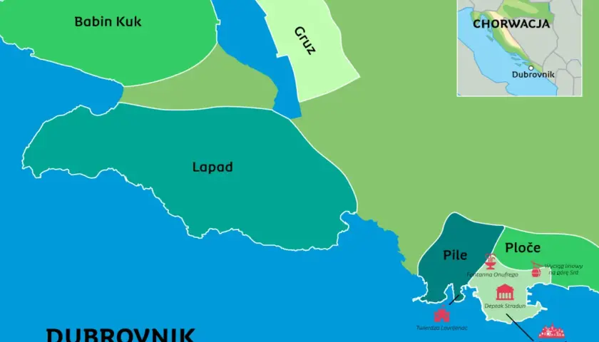 Mapa Chorwacji z zaznaczonym Dubrownikiem. Pokazuje dzielnice: Babin Kuk, Lapad, Gruz, Pile, Ploče i Stari Grad.