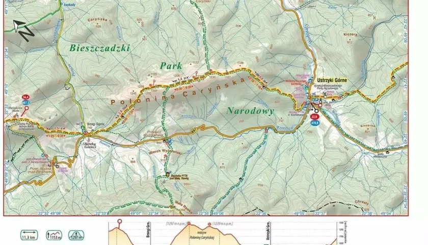 Mapa szlaku **Główny Szlak Beskidzki** przez Połoninę Caryńską i Park Narodowy. Widok na teren górski z zaznaczonymi szlakami i wysokościami.