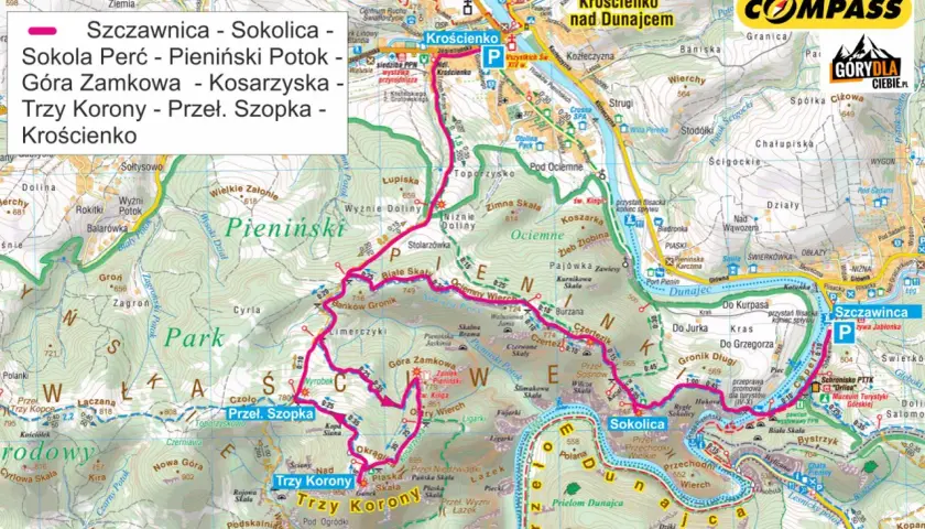 Mapa Pienin z zaznaczoną trasą Szczawnica-Sokolica-Trzy Korony, najłagodniejsza trasa na trzy korony.