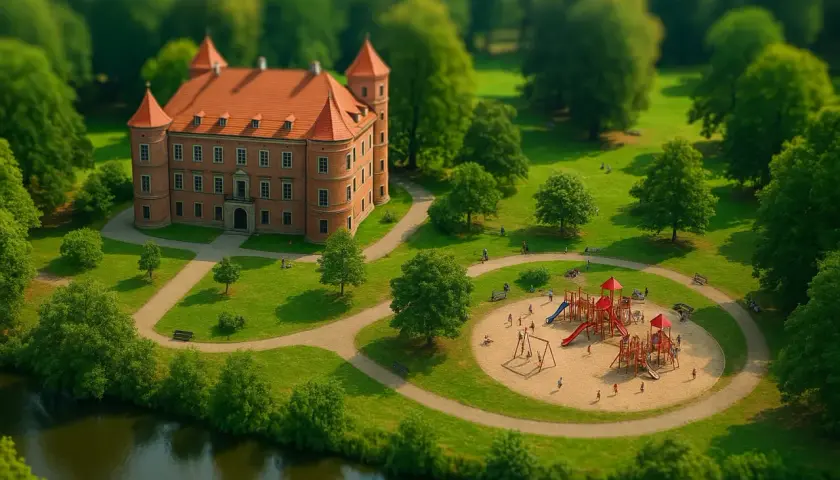 Leśnica we Wrocławiu: ceglany pałac otoczony zielenią, z placem zabaw i jeziorem.