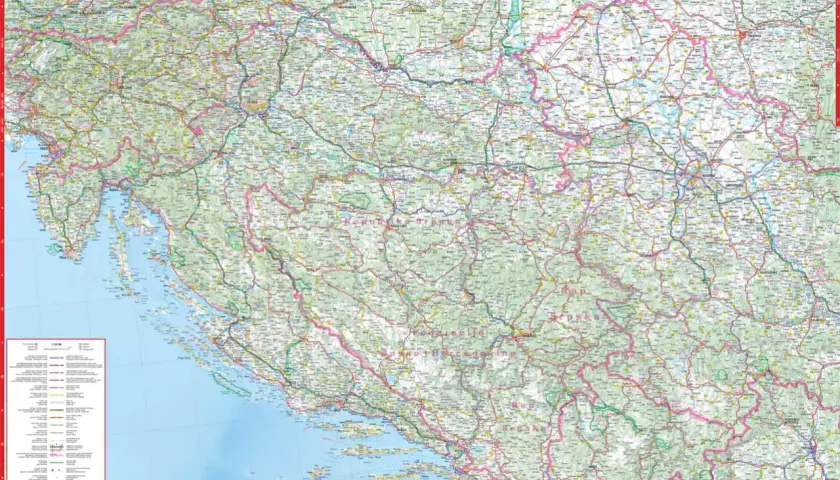 Mapa drogowa Chorwacji z zaznaczonym wybrzeżem Adriatyku, wyspami i miastami. Pokazuje, gdzie leży Chorwacja, jej granice i ukształtowanie terenu.