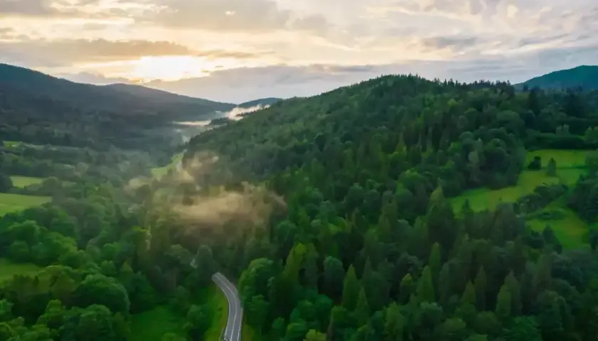 Mgła snuje się nad zielonymi dolinami, a kręta droga wije się przez gęste lasy. Bieszczady góry budzą się do życia o wschodzie słońca.