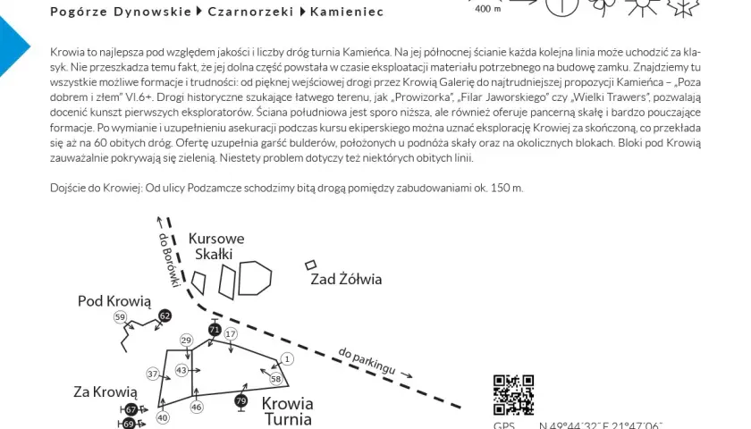 Mapa turystyczna z zaznaczonymi trasami wspinaczkowymi na skale Krowia Turnia w Beskidzie Niskim.