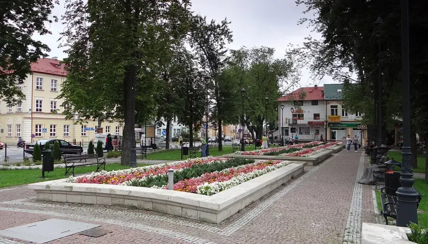 Urokliwe miasto w kotlinie sandomierskiej nad Sanem, z kwitnącymi rabatami kwiatów i brukowanym deptakiem.