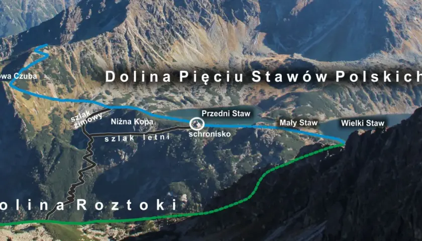 Widok na Dolinę Pięciu Stawów Polskich i Dolinę Roztoki. Szlaki zimowy i letni prowadzą do schroniska.