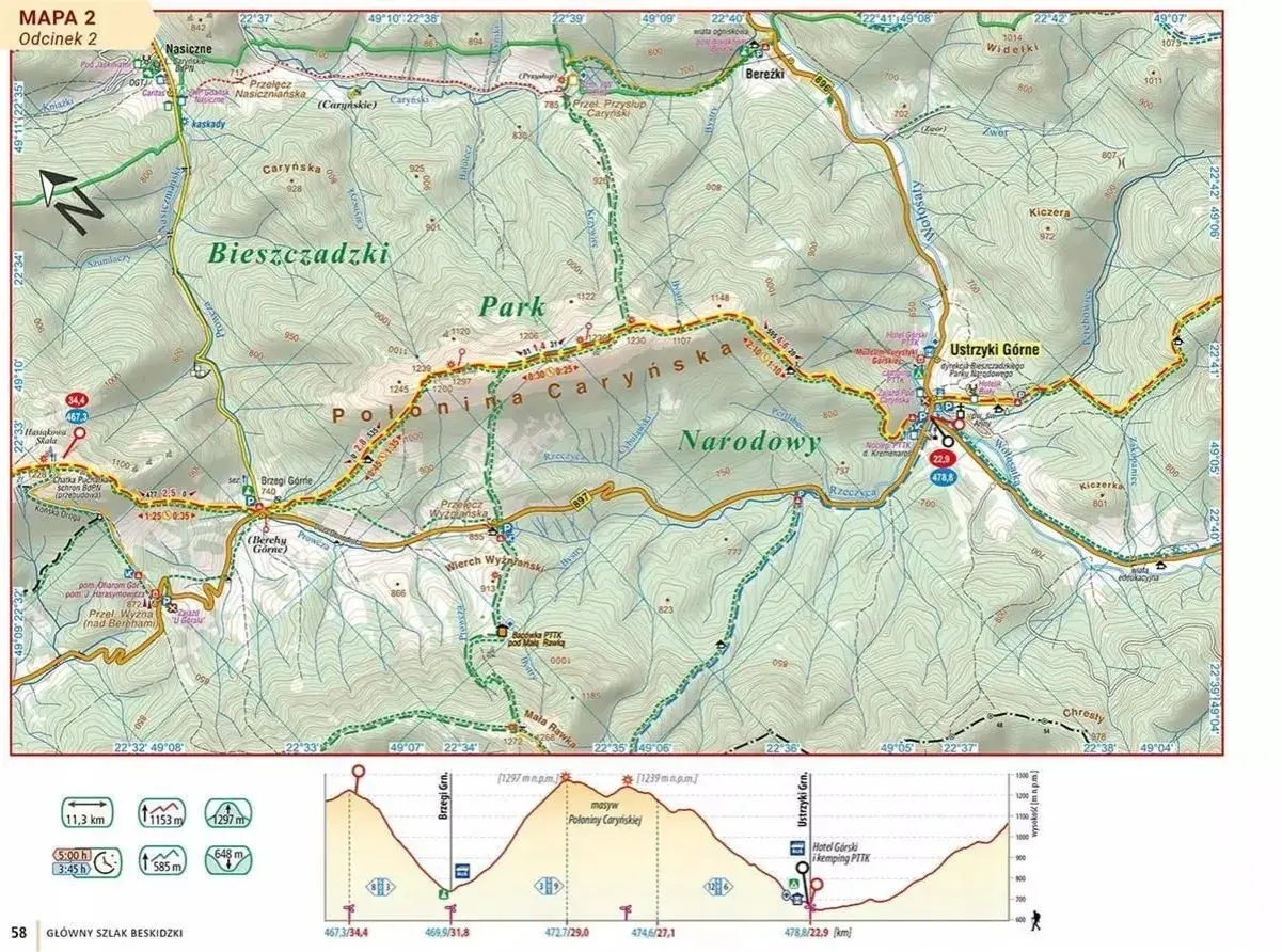Mapa szlaku **Główny Szlak Beskidzki** przez Połoninę Caryńską i Park Narodowy. Widok na teren górski z zaznaczonymi szlakami i wysokościami.