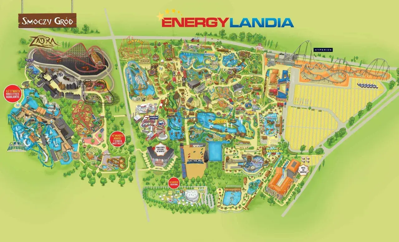 Mapa Energylandii pokazuje liczne atrakcje, w tym Smoczy Gród, Zadra, Mayan, Hyperion i strefę Aqualantis.