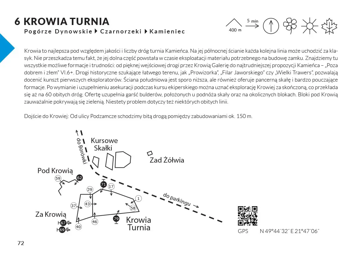 Mapa turystyczna z zaznaczonymi trasami wspinaczkowymi na skale Krowia Turnia w Beskidzie Niskim.