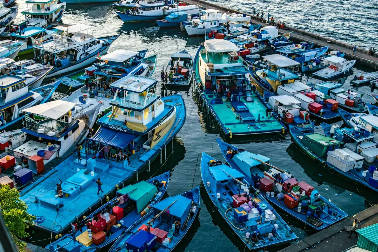 Port w stolicy Malediwów tętni życiem. Wiele łodzi, niektóre z ładunkiem, cumuje przy nabrzeżu.